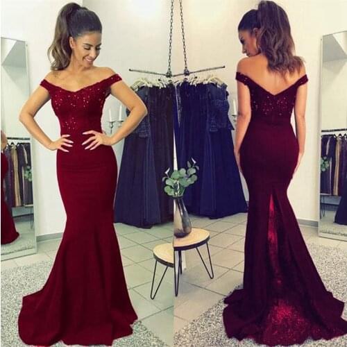 Burgundy Bridesmaid Dresses 2021 Mermaid V Neck Beads Elastic Satin Long Bridesmaid Dress Plus Size for Women Wedding