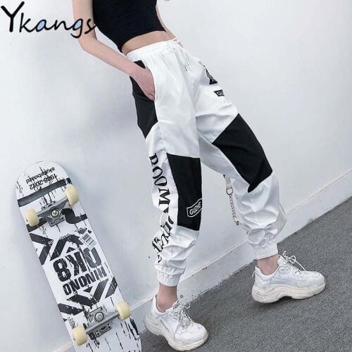 High Waist Letter Harajuku Spliced Cargo Pants Hip Hop Women Sports Pants Women Loose BF Overalls Pants Patchwork Joggers Women