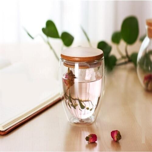 JASHII Wholesale Double Wall Glass Coffee Tea Mug With Bamboo Insulation Juice Cups Mugs Drinkware Beer Milk Insulation Glasses