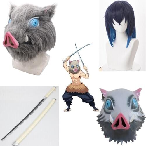 Hashibira Inosuke Demon Slayer Cosplay Costume Kimetsu No Yaiba Halloween Costumes for Wool Pants Skirt Pig Head Mask Weapons