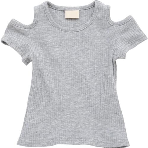 Summer Baby Girls Candy Color Off-shoulder Short Sleeved Kids T-shirt Cotton Clothes Tops Cute New Solid Fashion Regular O-neck