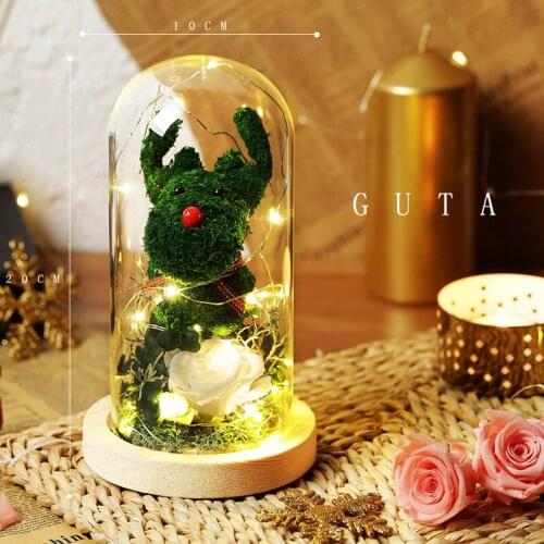 Cute Elk Mothers Day Gift for Women Home Decoration Eternal Preserved Rose In Glass Dome LED-Light Valentines Day Gift