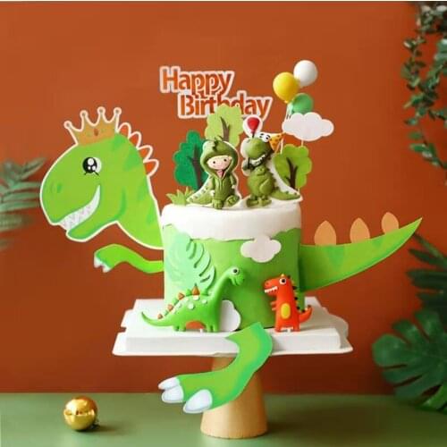 New Dinosaur Theme Paper Birthday Cake Toppers Cute Green Dinosaur Baby Cake Toppers for Kids Birthday Baking Cake Decorations