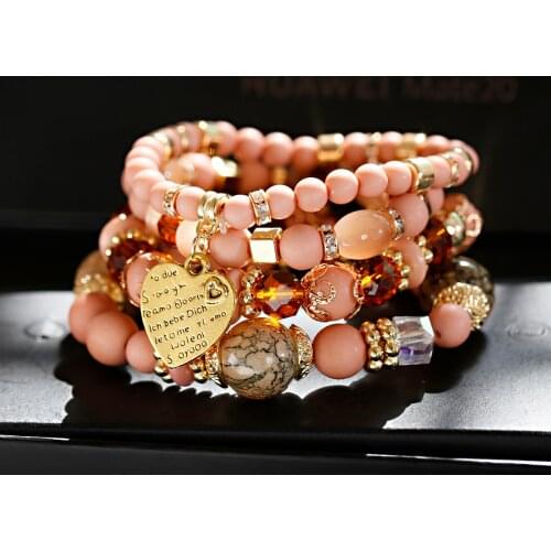 Oiquei 4Pcs/Lot Womens Bracelets&Bangles Boho Vintage Gold Heart Pendant Natural Stone Beads Wrap Bracelets Pulseira Feminina