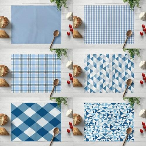 Blue Geometrical Plaid Cotton and Linen Placemat Dining Table Non-Slip Mat Insulation Household Rectangular Waterproof Placemat