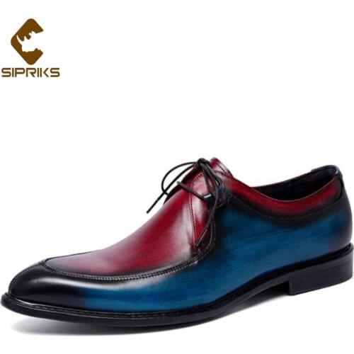 SIPRIKS Mens Dress Shoes Wine Red Blue Wedding Shoes Fashion Handmade Patina Party Dance Genuine Leather Shoes Pointed Size 46