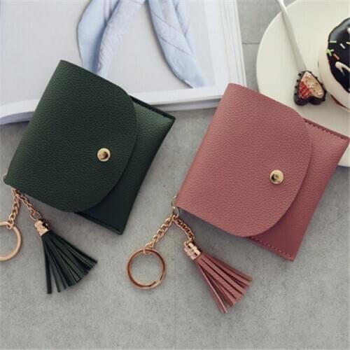 Student thin wallet womens simple and lightweight buckle metal ring tassel fashion mini wallet