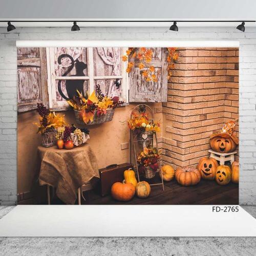 Halloween Pumpkins Brick Wall Cat Bumper Photo Backdrop vinyl background for Children Baby Photoshoot Props Photocall