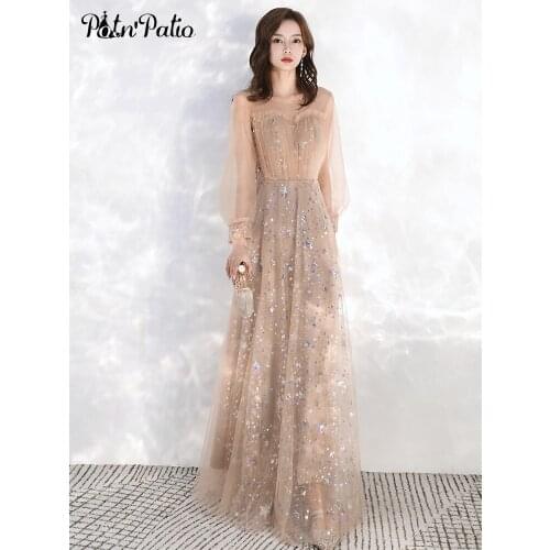 Prom Dresses With Full Sleeves 2020 Elegant Star Sequins Tulle Women Evening Gown A-line Formal Dresses