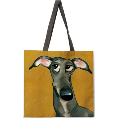 Oil painting letter dog painting linen shopping bag female casual handbag shoulder bag fashion beach bag foldable shopping bag
