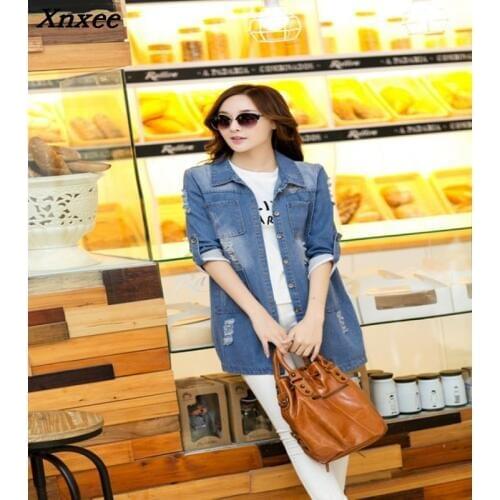 S-6XL Autumn winter Women plus size long denim cardigan jacket Ripped Destroyed Hole BF Heavily distressed oversize coat Xnxee