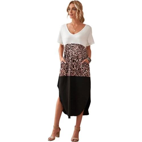 Colorblock Leopard Cotton Casual Maxi T-shirt Dress Women Casual V Neck Short Sleeve Split Long Dresses