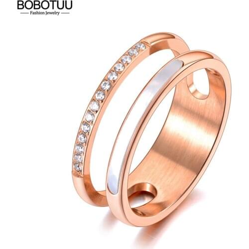 BOBOTUU Titanium Stainless Steel White Shell Ring Trendy Mosaic CZ Crystal Rose Gold Wedding Rings Jewelry For Women BR20063