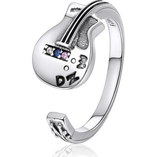 Kpop 925 Sterling Silver Ring Statement Jewelry Cubic Zirconia Crystal Music Bass Adjustable Open Ring Gift for Women R13114