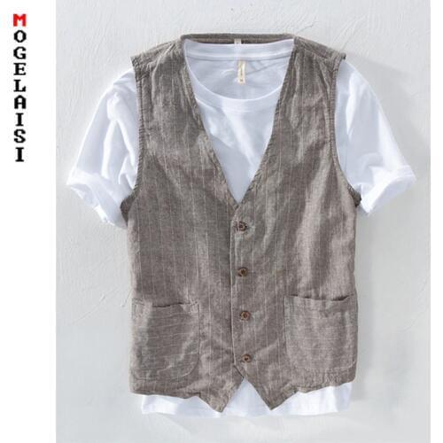 Linen Mans Vest Slim Chestline range 100-116 cm Material 55%linen + 45%cotton Autumn Vest Men Striped thin Asian Size M-3XL