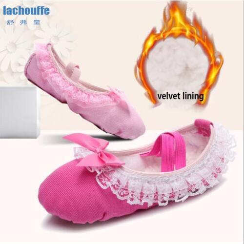 Winter Plush Ballet Dance Shoes Kids Suede Leather Sole Ballerinas Shoes for Dancing Girls Lace and Bowitie Dace-shoes EU25-39