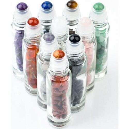 10ml Gemstone Essential Oil Bottle with Crystal Chips Natural Quartz Roller Aroma Tools Lapis Lazuli Amethyst 10pcs/lot