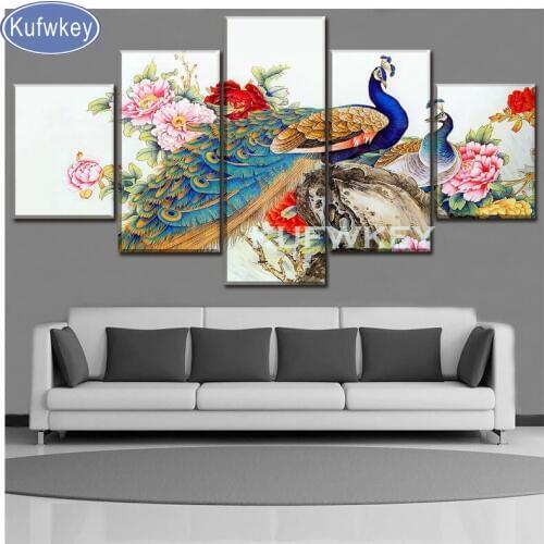 5 Piece Diamond embroidery Peacock peony diy 5d diamond painting full square/round diamond mosaic picture of rhinestones decor