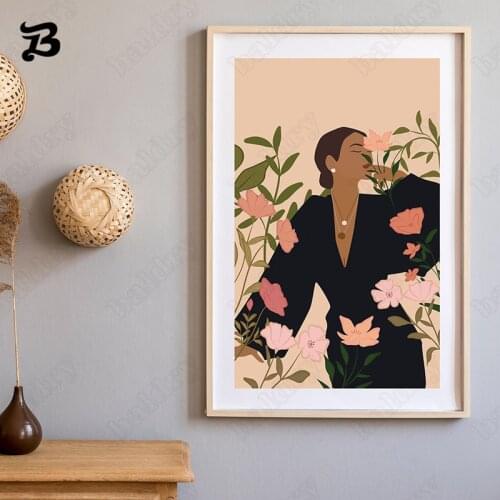 Abstract Woman Portrait Painting Wall Art Posters and Prints Fashion Girl and Flowers Canvas Painting for Living Room Decoration