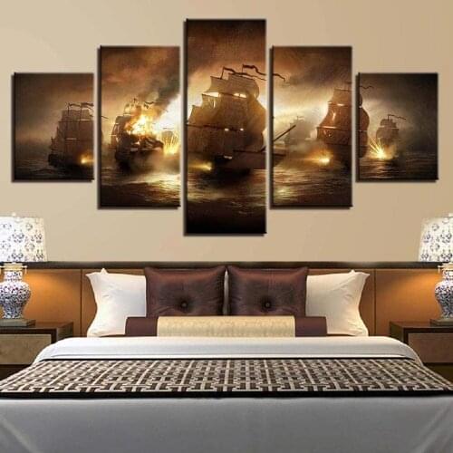 Sea Battle Ships Flame Burned 5 Pieces Diamond Embroidery Full Square Round Diamond Painting Multi-Panel A1902