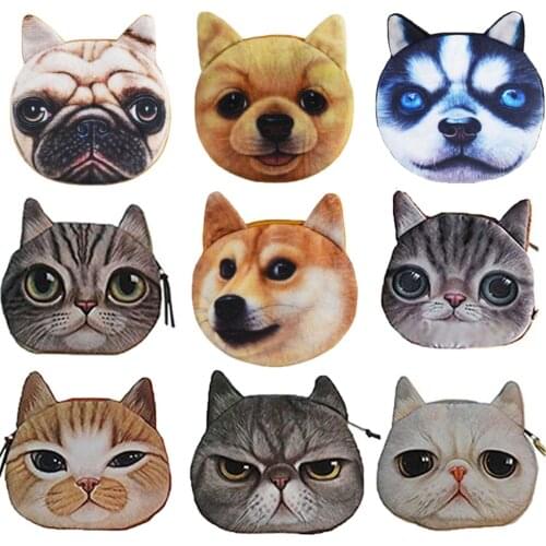 D Wallet Coin Bag Ladies Women Animal Face Zipper Mini Money Bag Cat Dog Coin Purses Children Plush Coin Pouch Dollar Bags