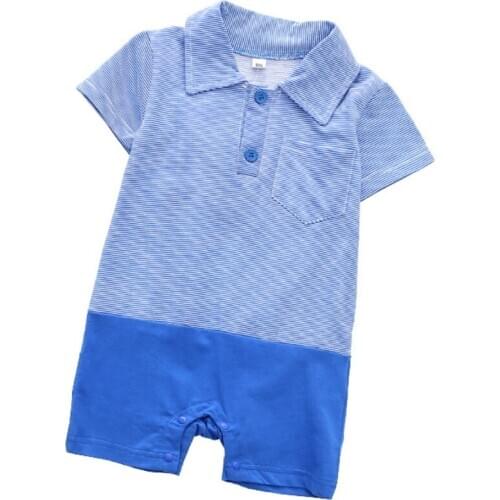 New Summer 2020 Baby Boy Clothes One Piece Cotton Romper Short Sleeve Blue Striped Color Matching Clothing Shortalls Jumpsuits