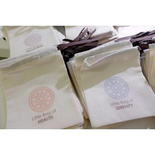 Custom printed 100% cotton pouches with grosgrain ribbon