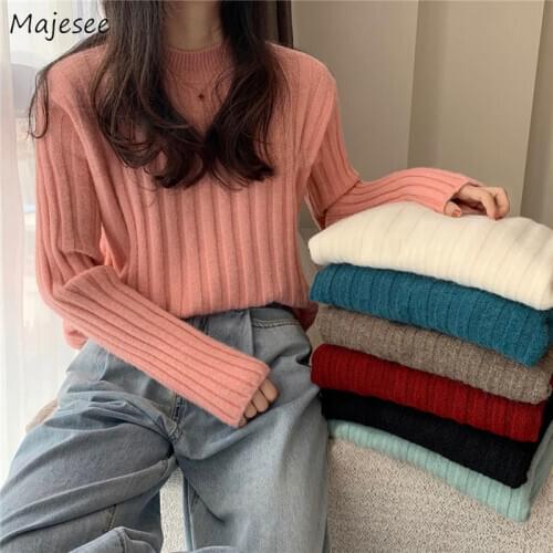 Pullovers Women Solid Pink O-neck Simple Design Chic Vintage All-match Students High Street Fashionable Loose Slim Cute Ladies