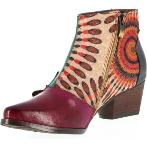 Retro Women Boots Sun Flower Genuine Leather Splicing Zipper Comfy 3-5CM Thick High heel printing Comfortable Shoes Women 2020