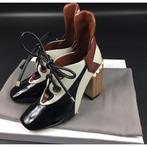 Phoentin womens Retro square toe Shoes mixed colors High Heel shoes 2020 Autumn Genuine Leather Patchwork Lace-up Pumps FT1069
