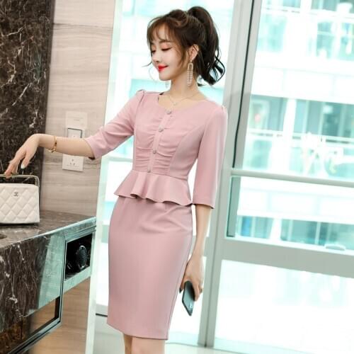 Half Sleeve 2021 Spring Summer Elegant Pink Dresses OL Styles for Women Business Work Wear Beauty Salon Vestidos Clothes