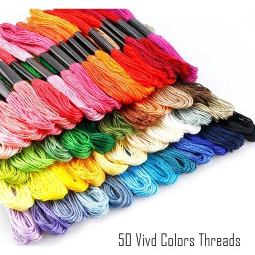 50 Skeins Rainbow Color Embroidery Thread Cross Stitch Floss with 12 Bobbins