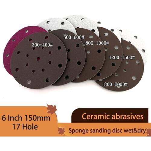 6 Inch 150MM 17-Hole Flocking Sponge Sanding Disc Wet & Dry Sandpaper 300-2000 Grit for Auto Car Phone Wood Polishing & Grinding