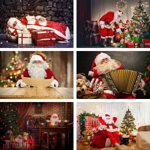 Merry Christmas Tree Backdrop Santa Claus Gift Toy Bear Fireplace Socks Kid Photography Background Photo Studio Photophone Decor