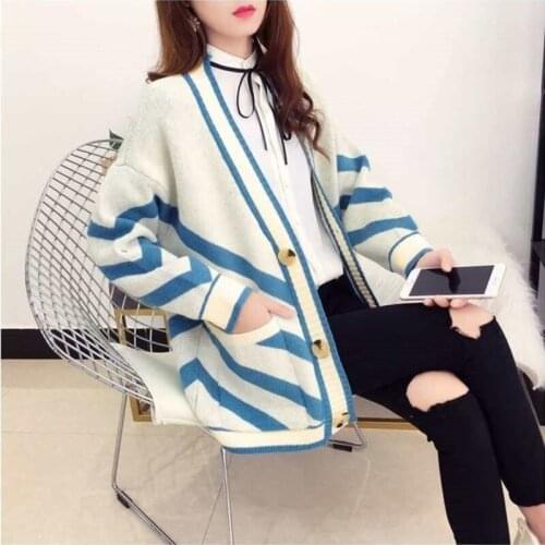 Spring Autumn Female Stripe Sweaters Cardigan Korean Fashion Single-breasted Long Sleeve Womens Casual Knitted Coat Pull Femme