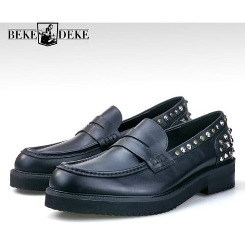 Rivets Loafers Mens Height Increasing Platform Genuine Leather Shoes Luxury Designer Slip-On Business Casual Dress Shoes 46