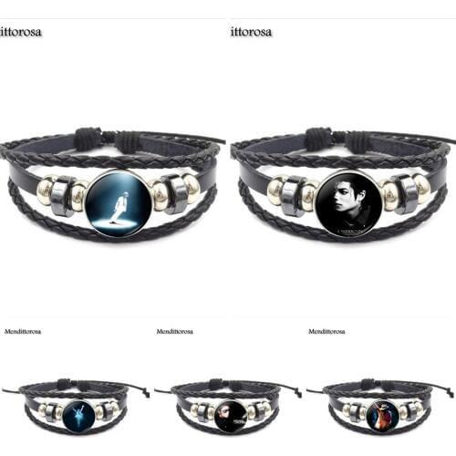 Mendittorosa Michael Jackson Hip Hop Jewelry Wiht Glass Cabochon Black Leather Bracelet Bangle For Unisex Party Gift