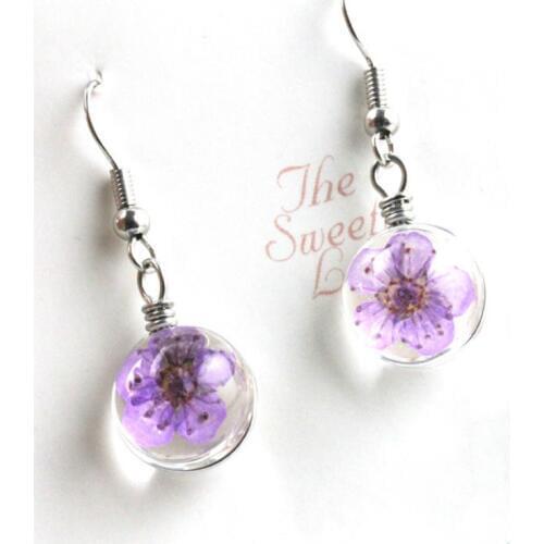 Fashion Pendant Earring Transparent Glass Round Handmade Dried Flower Sakura Charm Drop Earring Metal Pothook for Women Jewelry