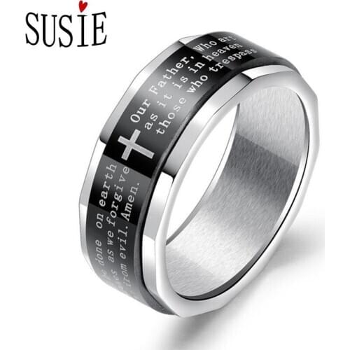LOVE SUSIE Rings Classic Vintage Bible Print Cross Hand Accessories Rotating Metal Stainless Steel Ring For Men Gift