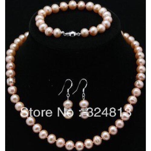 Genuine AAA Cultured Freshwater 7-8mm ROUND pink Pearl Necklace set