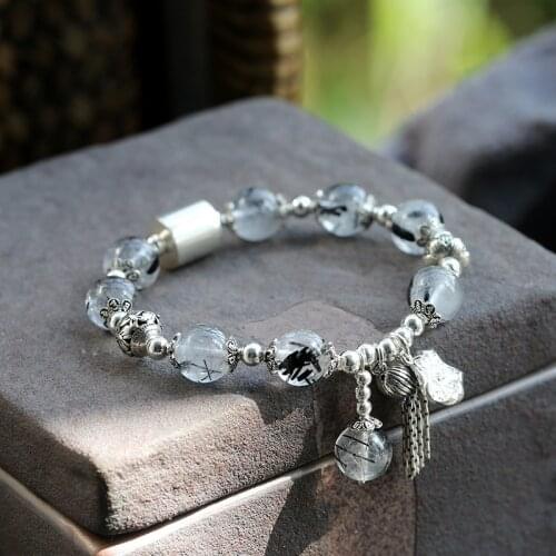 Natural Black Quartz Beads Bracelet Jewelry 925 Silver Charms Lotus Leaf Tassel Pendant Yoga Sea Wheel Lucky Bracelet Women