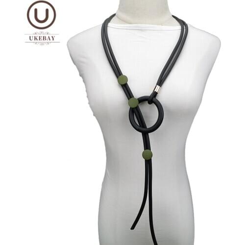 UKEBAY New Green Wood Pendant Necklaces For Women Long Necklace Rubber Jewelry Designer Handmade Necklace Simple Accessories