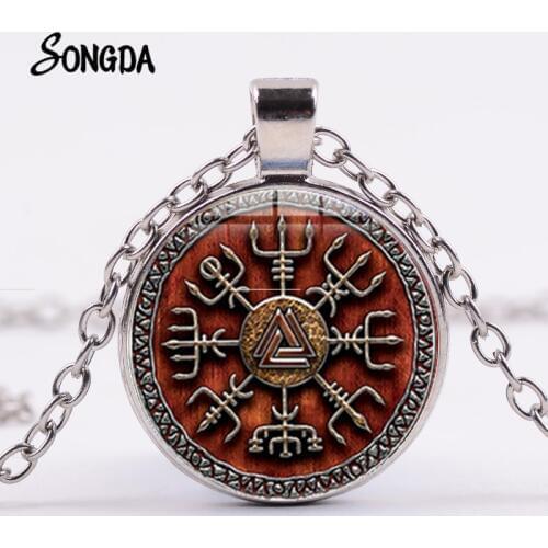2019 Vegvisir Viking Compass Necklace Warrior Symbol Rune Amulet Collier Pendant Glass Cabochon Men Women Viking Jewelry