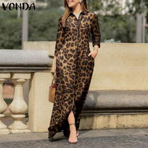 Casual Long Sleeve Dress VONDA Women Lapel Collar Button Down Long Shirt Dress Plus Size Spring Fall Vintage Leopard Vestidos