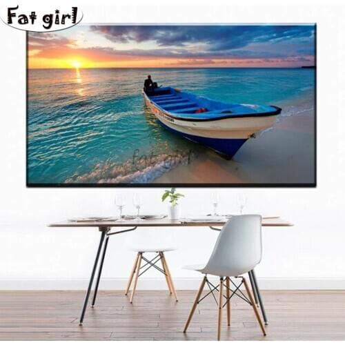 Full 3D Round Square diy Diamond Painting Sea wooden boat landscape 5D Mosaic Diamond Embroidery picture living Room Decoration