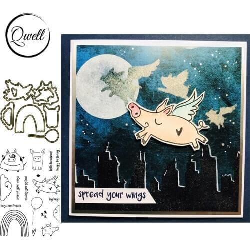 QWELL Cutting Dies With Clear Stamps Set Fat Pigs Clouds Rainbow Balloon Fancy Element DIY Scrapbooking Making Template 2021