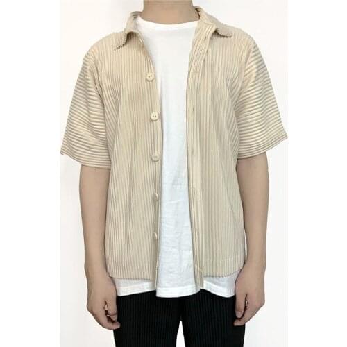 Off Shoulder Loose Oversized Tops Pleated Mens Summer New Casual Solid Color Single Breasted Short Sleeve Shirts