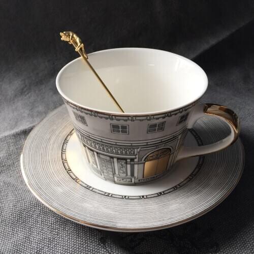 Tea Cup Saucer Nordic Gold Window Retro Swan Castle Classic Wind Coffee Cup Plate Home Decoration (Not contain spoon)