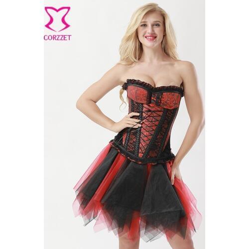 Vintage Red Brocade & Lace Corset Overbust Sexy Korsett For Women Gothic Clothing Steampunk Bustier Tops Waist Trainer Corselet