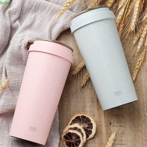 High Quality Pastoral Wheat Fiber Hand Milk Cups Cola Coffee Cup Student Sport With Cover Accessible Thermo Lid Drinking Water